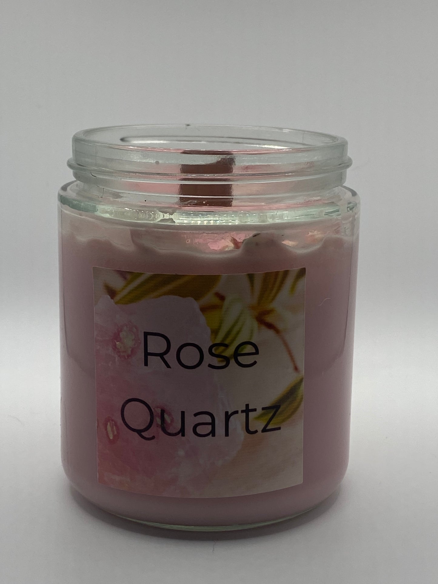 Rose scented soy wax candle with rose quartz and dried flowers