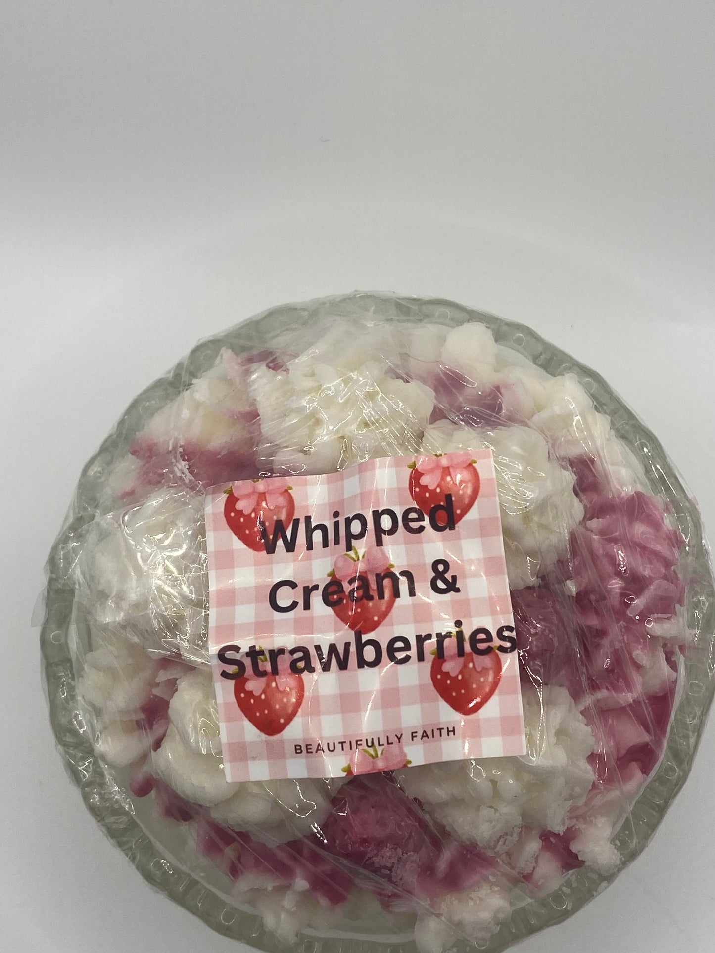 Strawberry whipped pie decorative soy wax candle in crystal dish