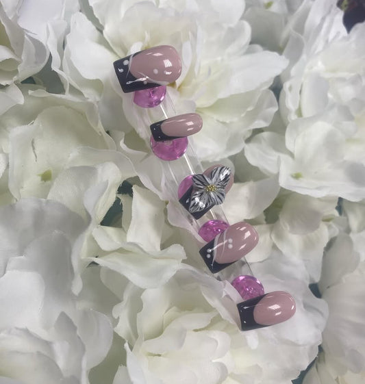 Midnight Petals – Black French Press-On Nails with 3D Floral Accent