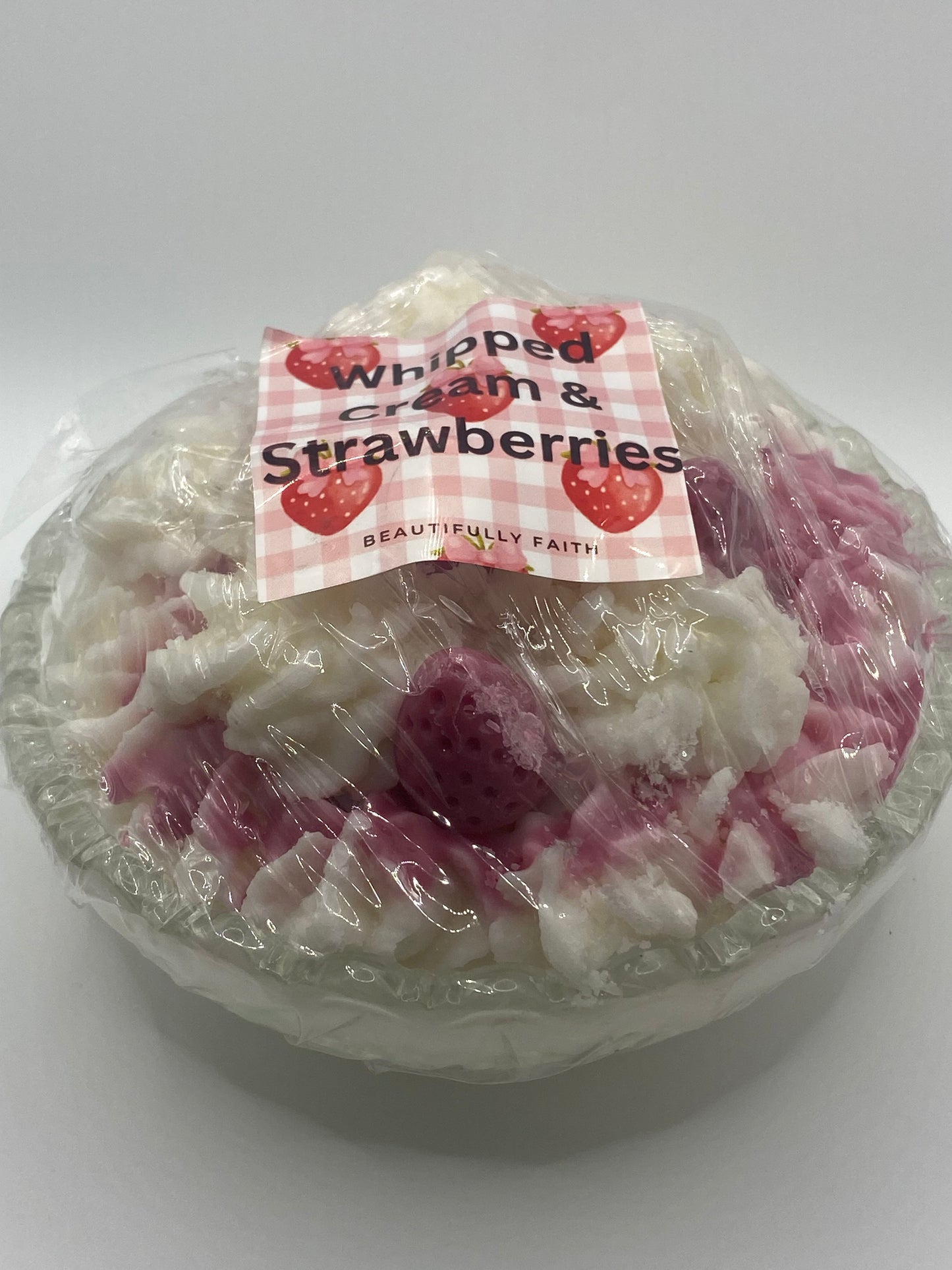 Strawberry whipped pie decorative soy wax candle in crystal dish