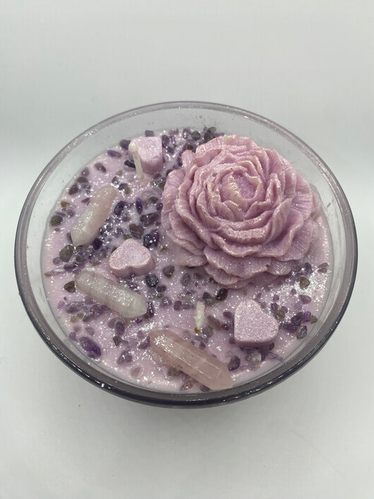 Lilac shimmer strong scented soy wax candle with amethyst & rose quartz crystals