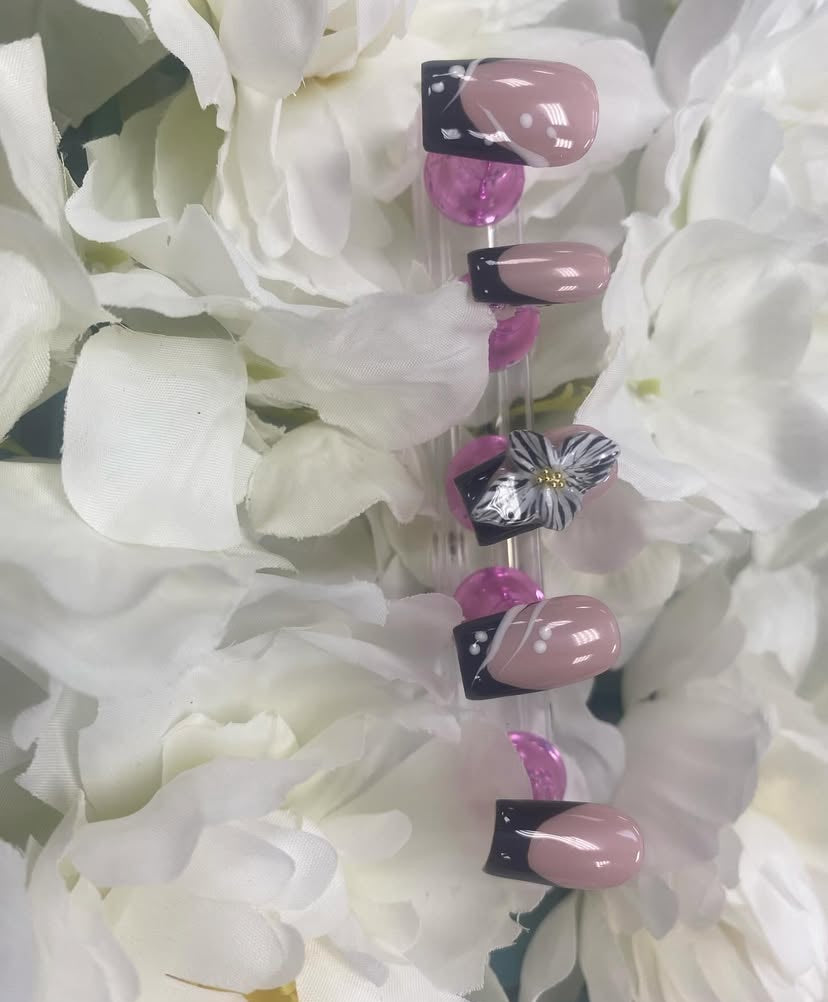 Midnight Petals – Black French Press-On Nails with 3D Floral Accent
