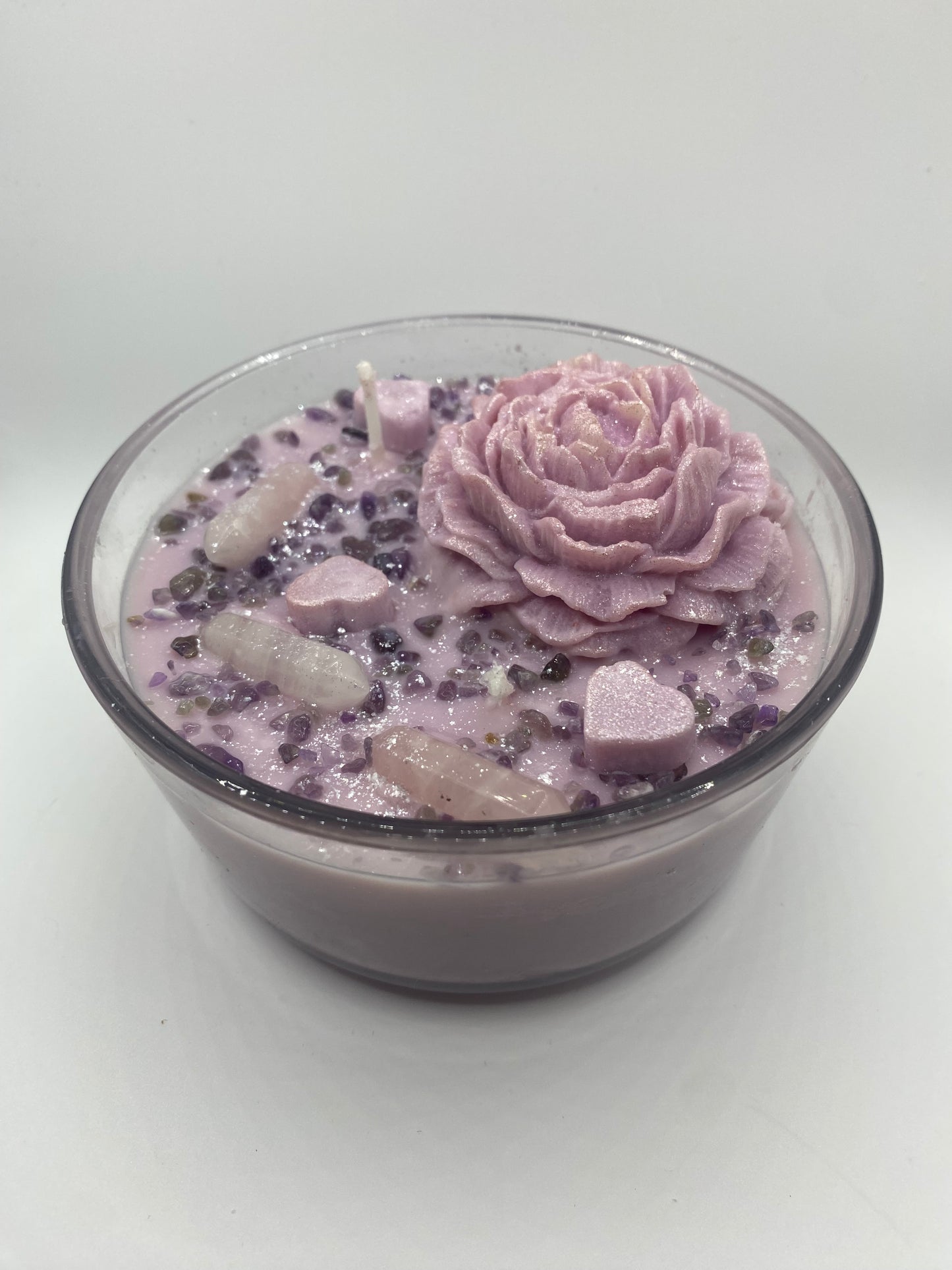 Lilac shimmer strong scented soy wax candle with amethyst & rose quartz crystals