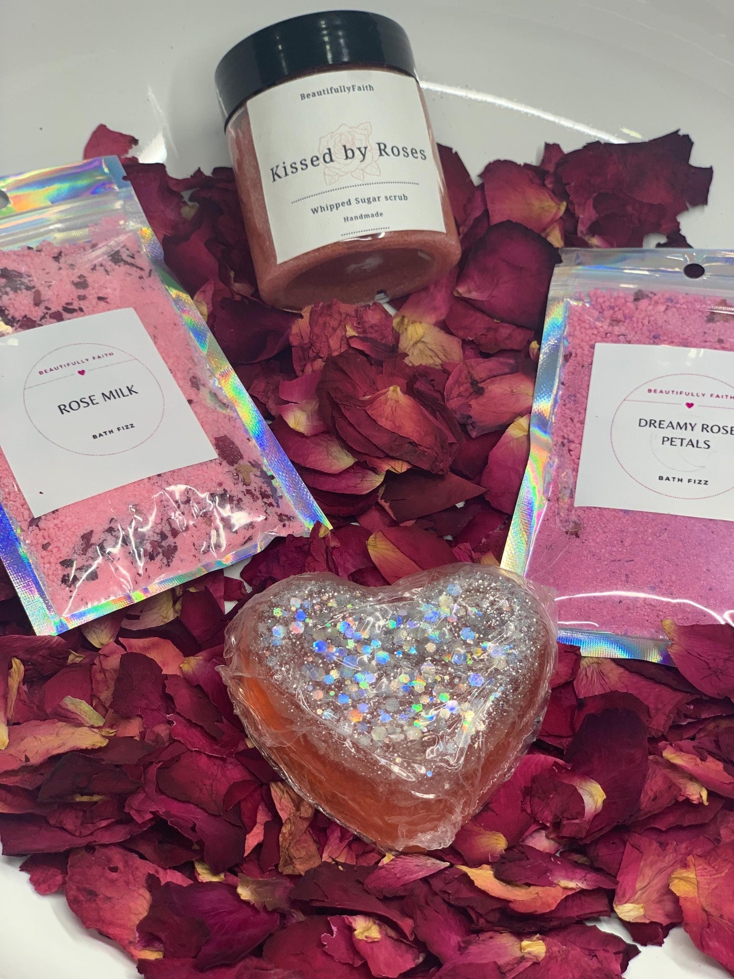 Rose Garden Self-Care Kit | Romantic Bath Gift Set | Handmade Soap, Body Scrub & Bath Fizz | Floral Spa Gift for Her | Self Love Box