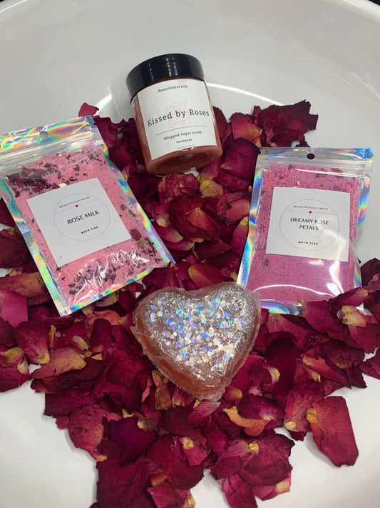Rose Garden Self-Care Kit | Romantic Bath Gift Set | Handmade Soap, Body Scrub & Bath Fizz | Floral Spa Gift for Her | Self Love Box